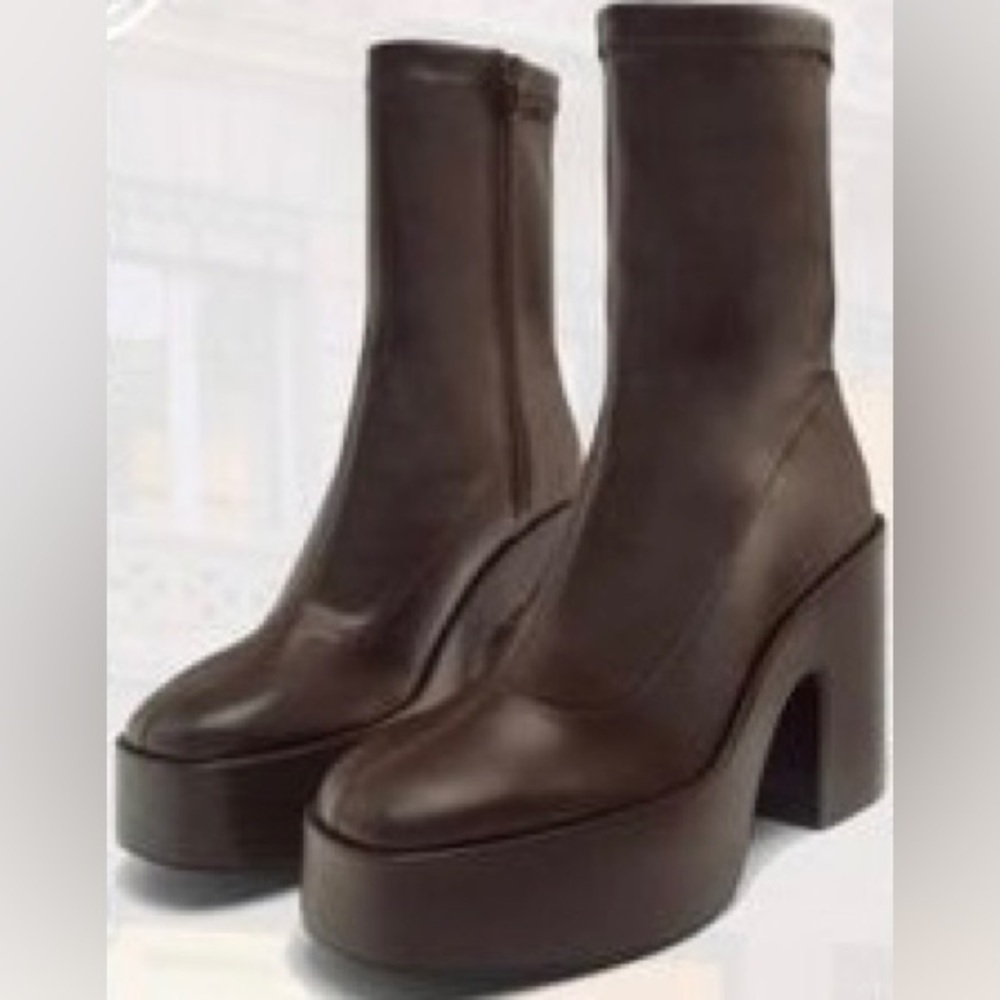 NWT. Zara Brown Faux Leather Platform Heeled Ankle Boots. Size 10. - Picture 3 of 9